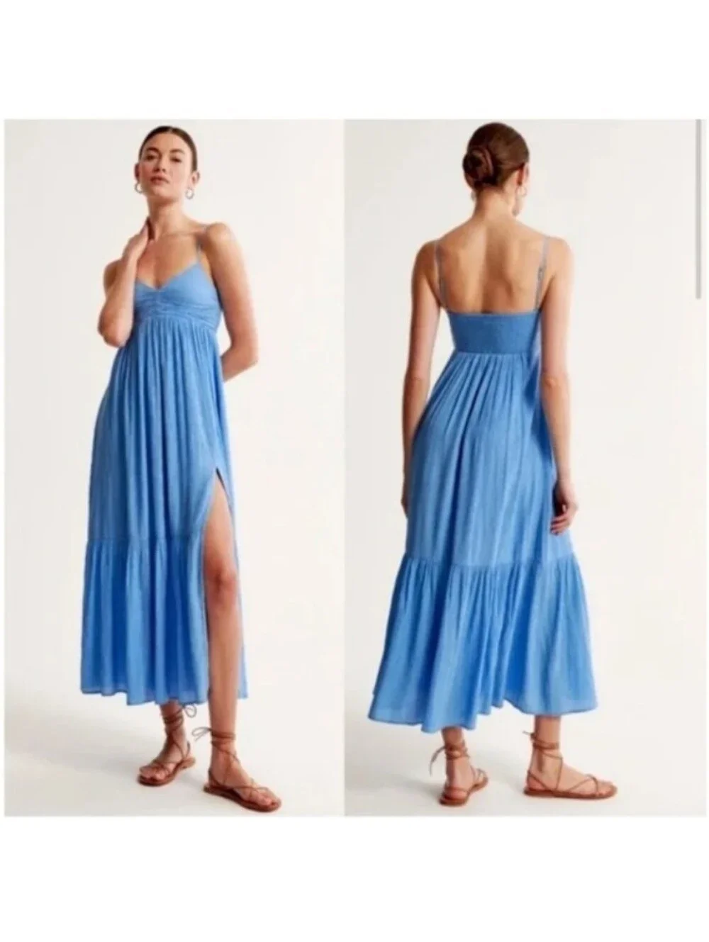 Abercrombie & Fitch Ruched Crinkle Textured Maxi Dress Blue Side Slit XS Tall